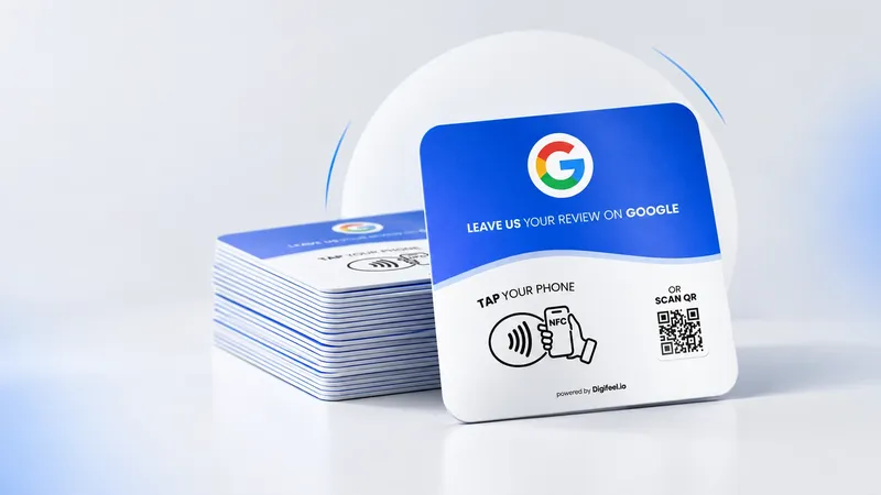 Pila de tarjetas NFC de reseñas de Google, azules y blancas, con código QR